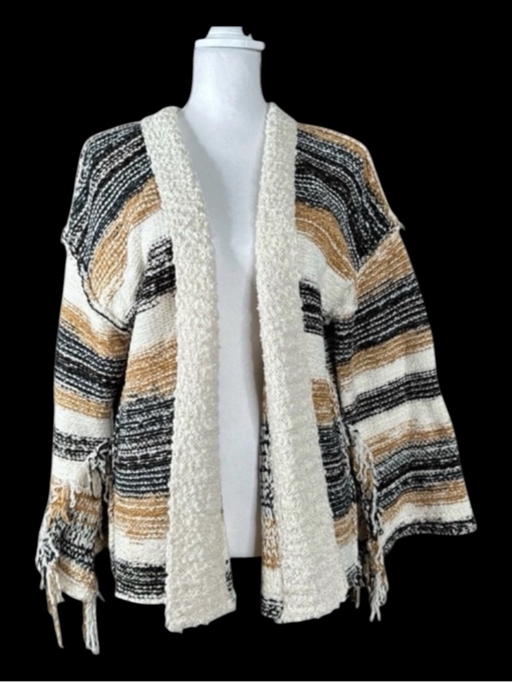 POL Black & Cream Cardigan Sweater w/Bohemian Stripes, Size S.
